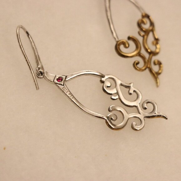 Elle Silver and Gold Earrings, Swirl Pattern, Authentic 925 Silver with Ruby - Picture 2 of 3
